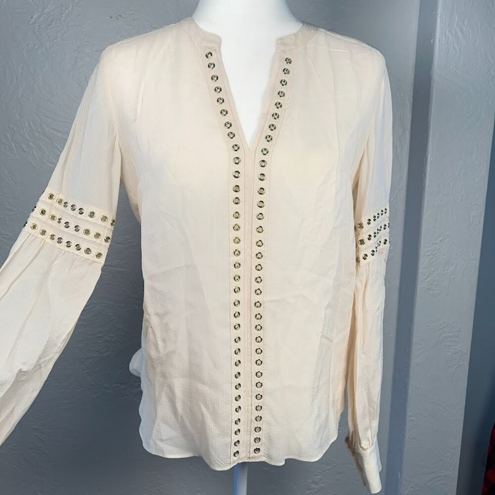 Veronica Beard Willa Blouse Cream Women's Sz 2 Eyelet Trim Long Sleeve Top